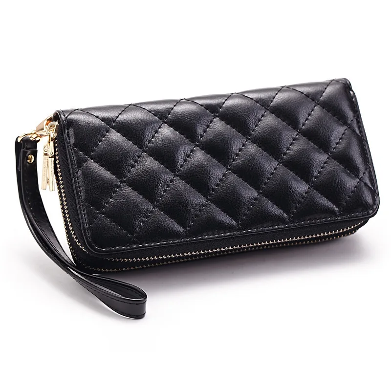 

Genuine Leather Women Long Card Coin Wallets Double Zipper Diamond lattice Lady Day Clutch Bag Cell Phone Pocket Photo Holder