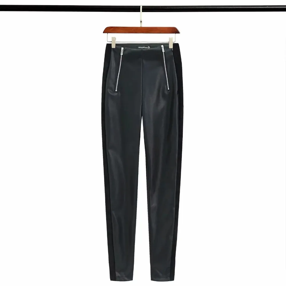 

Jenny&Dave PU pants women 2018 high waist zipper side stripe Suede splicing elastic skinny leather pencil pants women plus size