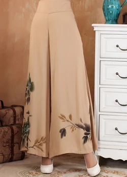 

Camel Women Loose Wide Leg Trousers Tradition Chinese Style Cotton Pants Printed Flower Full Length Pant M L XL XXL