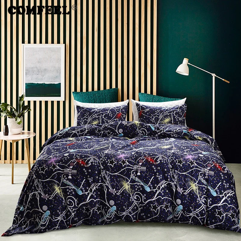 

COMFEEL US Size Cotton Bedding Sets Dark Blue Cosmic Galaxy Duvet Cover Set with 2 Pillowcase for King Queen Twin Size Quilt Bed
