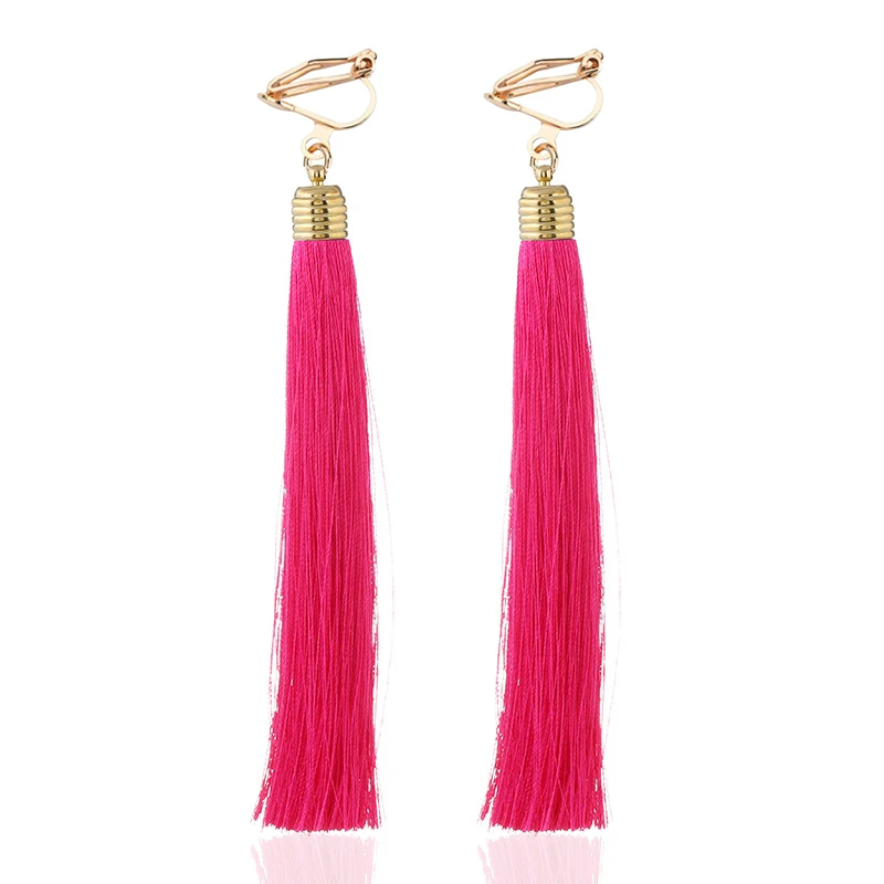 Ear Clip Earrings Tassel Fiber Clip on 12cm&5.1'' Long No Pierced for Women Party Fashion Bohemia Bridal Wedding Anti-allergy