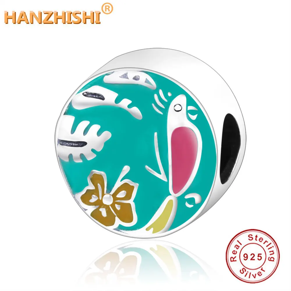 

925 Sterling Silver Bush Shrub Parrot Charm Fit Original Pandora Charm Bracelet Round Bird Flower Tree Bead Christmas DIY Gift
