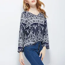 Nice Nice Women Blouses Blusas Femininas Retro Flared Sleeve Shirt Female Blue And White Porcelain Printed Shirts Top Plus