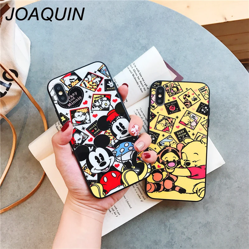 

Tempered Glass Case For iPhone X XR XS MAX Lovely Mickey Mouse Winnie Pooh Soft Silicone Bumper For iPhone 7 6S 8 Plus 6 Plus