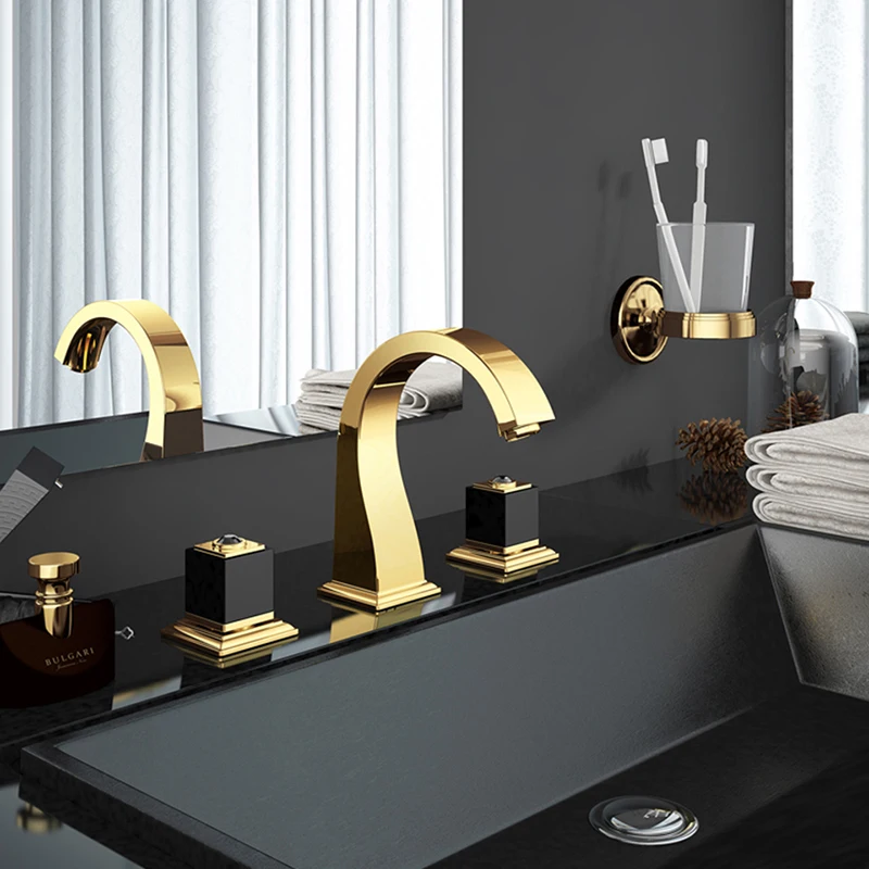 Смесители для раковины, кран для раковины, латунь, Золотая краска, 3 отверстия, двойная ручка, роскошный кран для ванны, краны для ванны, смеситель для горячей и холодной воды