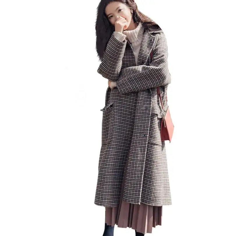 Осенне зимняя новая шерстяная клетчатая куртка с отворотом и длинными рукавами