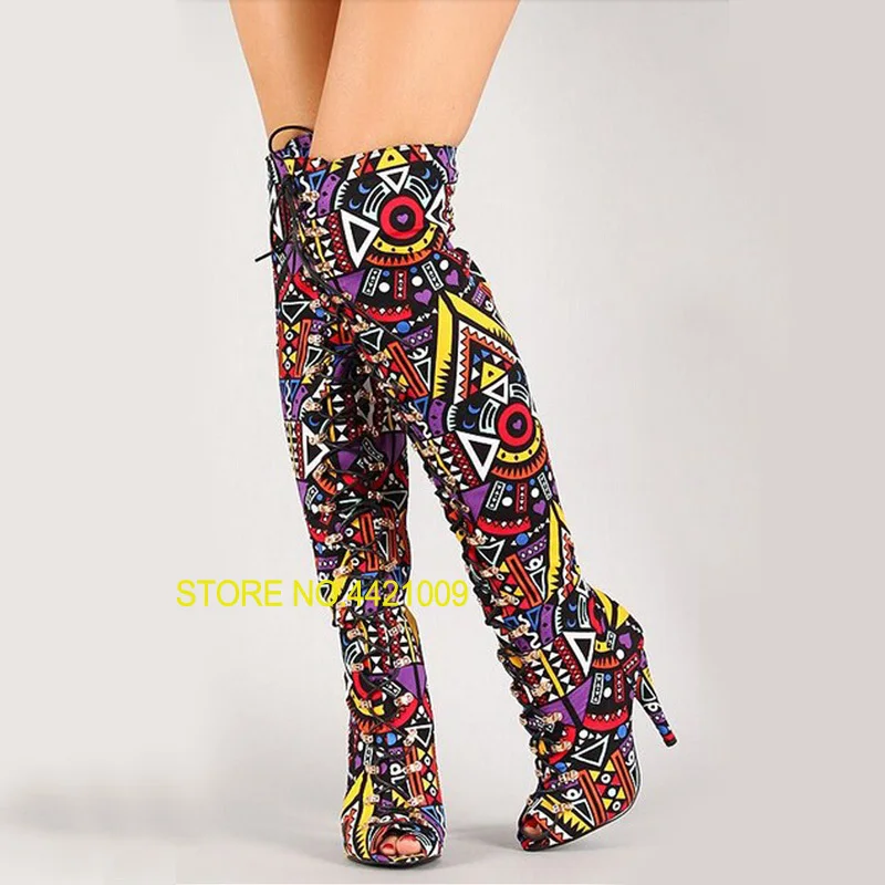 

Sexy Runway Multicolor Mixed Color Tribal Lace-Up Peep Toe Thigh High Boot High Heel Gladiator Boots Women Long Boots Sandals