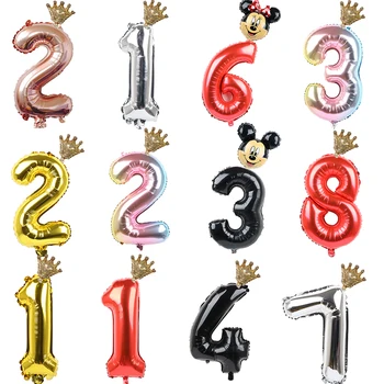

32inch Rose Gold Sliver Number Foil Balloons Crown Mickey Minnie Balloon figure 1 2 3 4 5 Year Kid Birthday Party Decor Supplies