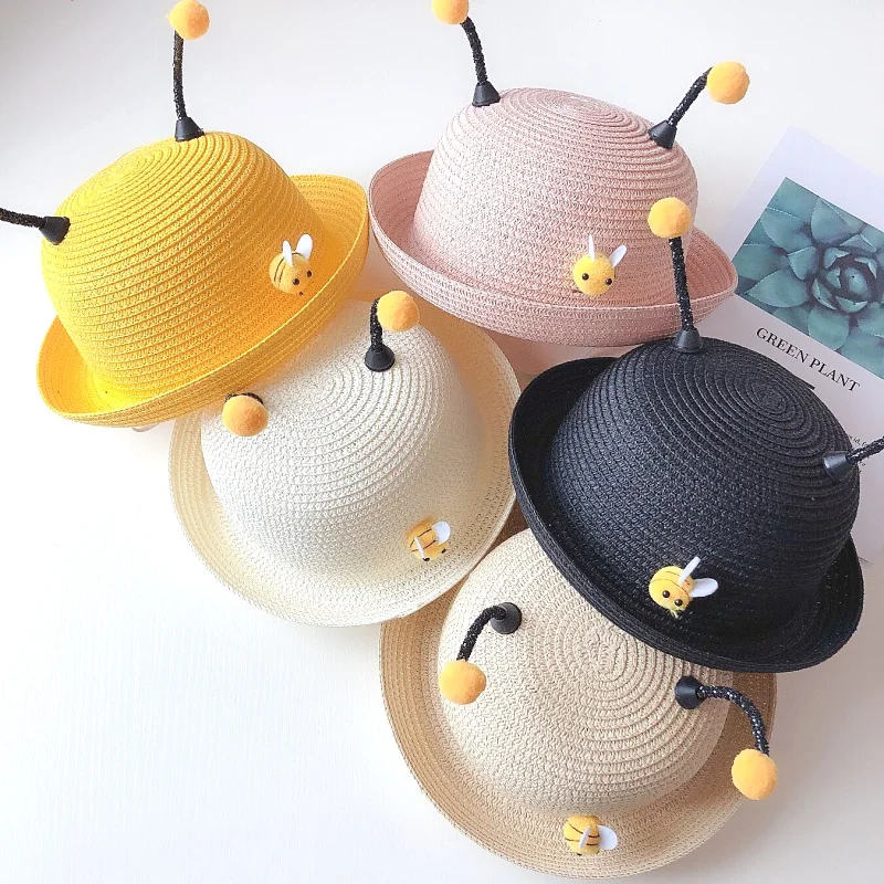 

Fashion Children Kids Sun Hat For Cute Kids Girl Summer Cartoon Bee Print Beach Straw Hat Flat Caps With Antenna