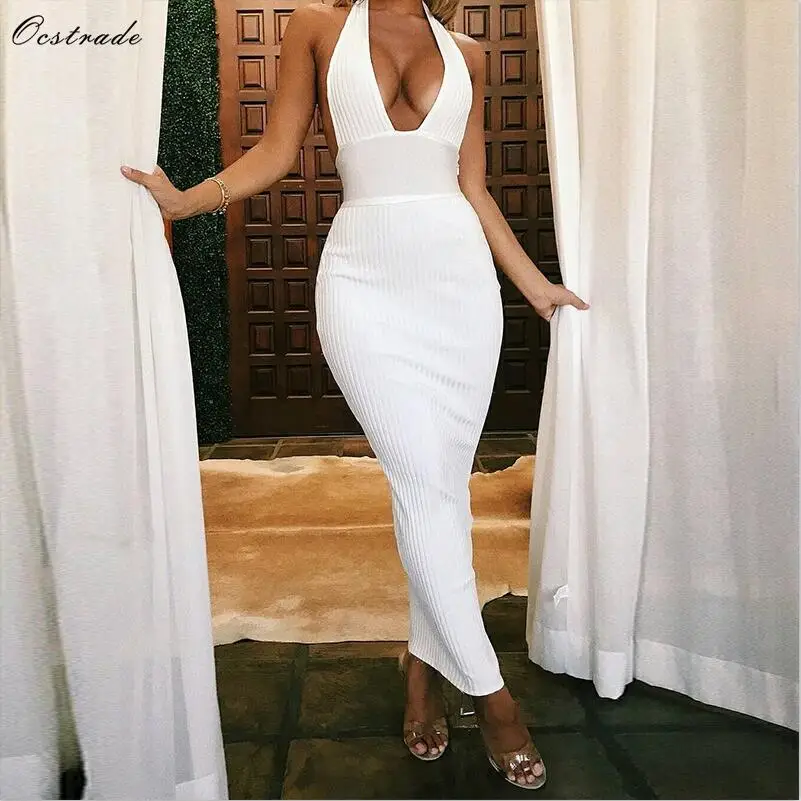 Ocstrade Womens Sexy Bandage Dress Club Wear Summer Backless White Bodycon Dresses Hollow Out Vneck Long Maxi Bandage Dress - Цвет: Белый