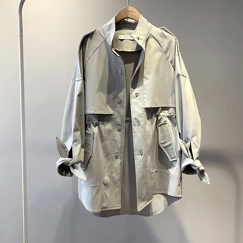 

women casual trench coat korean style solid color streetwear long coats girls stand collar office coat chic fashion long trench
