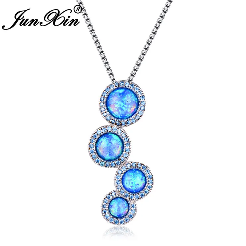 JUNXIN роскошное женское сине-белое огненное опаловое ожерелье с подвеской для женщин, 925 пробы, серебряное, фиолетовое, CZ круглое ожерелье с камнем рождения