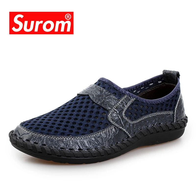 SUROM 2018 Male Summer Sneakers Breathable Mesh Men's Casual Shoes Leather Slip On Moccasins Fashion Comfortable Big Size | Обувь