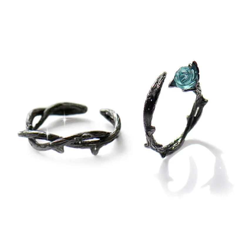 Genuine 925 Sterling Silver Adjustable Ring Fashion Black Rose Flower Couple Rings For Women Men Crystal Wedding Jewelry Anel