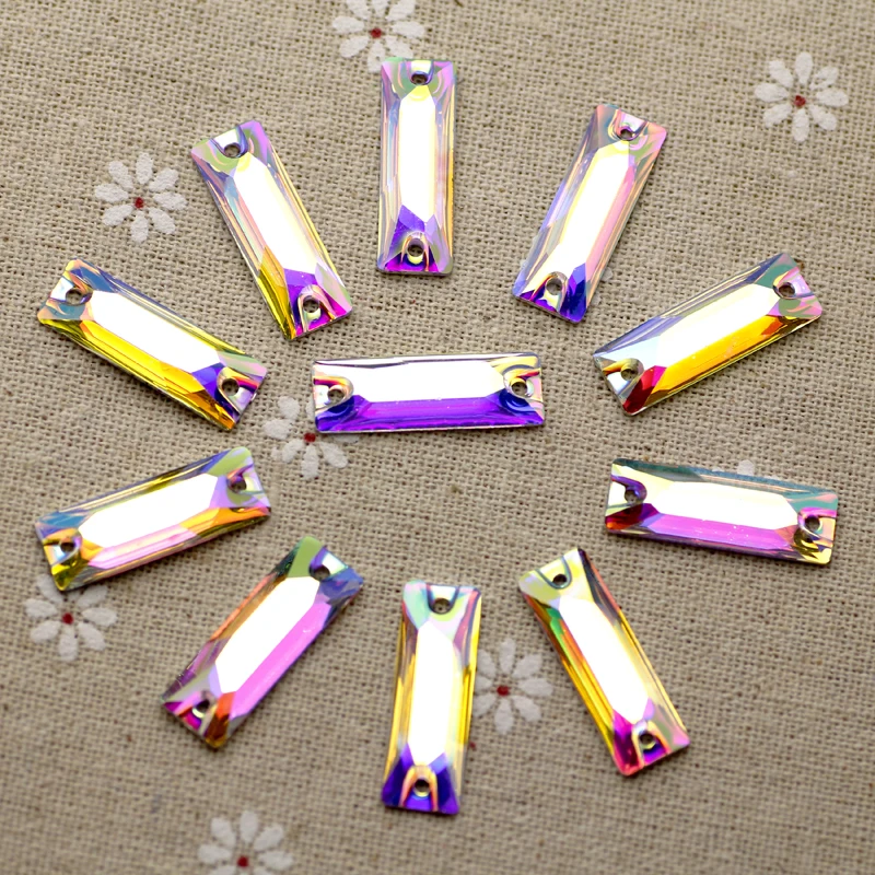 

50pcs 10.5*18mm Strip Sew on Rhinestones Crystal AB Resin Flatback rectangle Sewing Crystal 2 holes For Dress Garment
