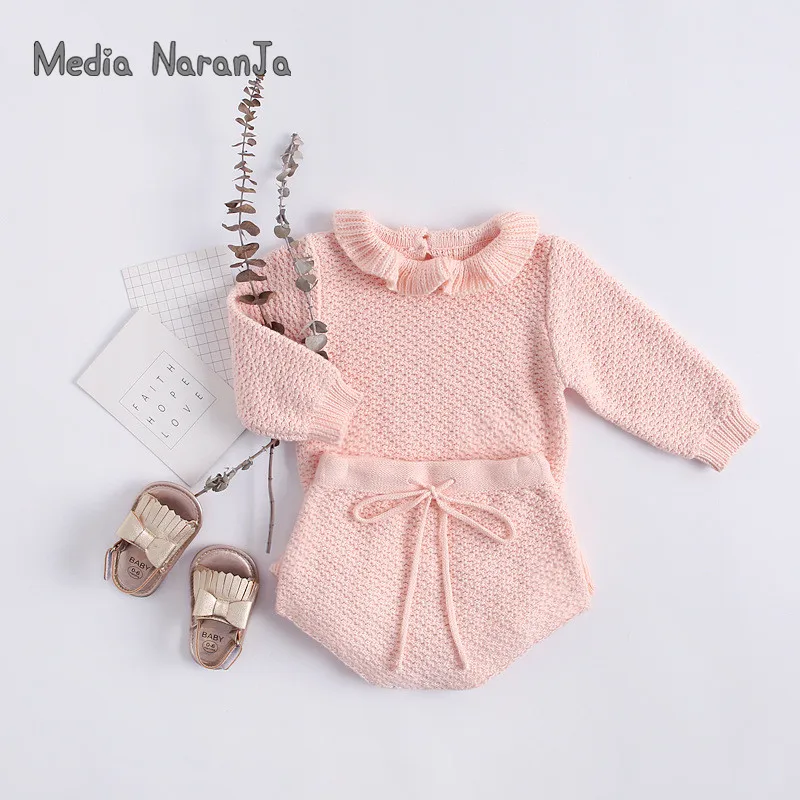 

Autumn Baby girl Dress Two-year-old infant toddler knitted suit lady Lotus leaf side shorts+ long-sleeved top two-piece set