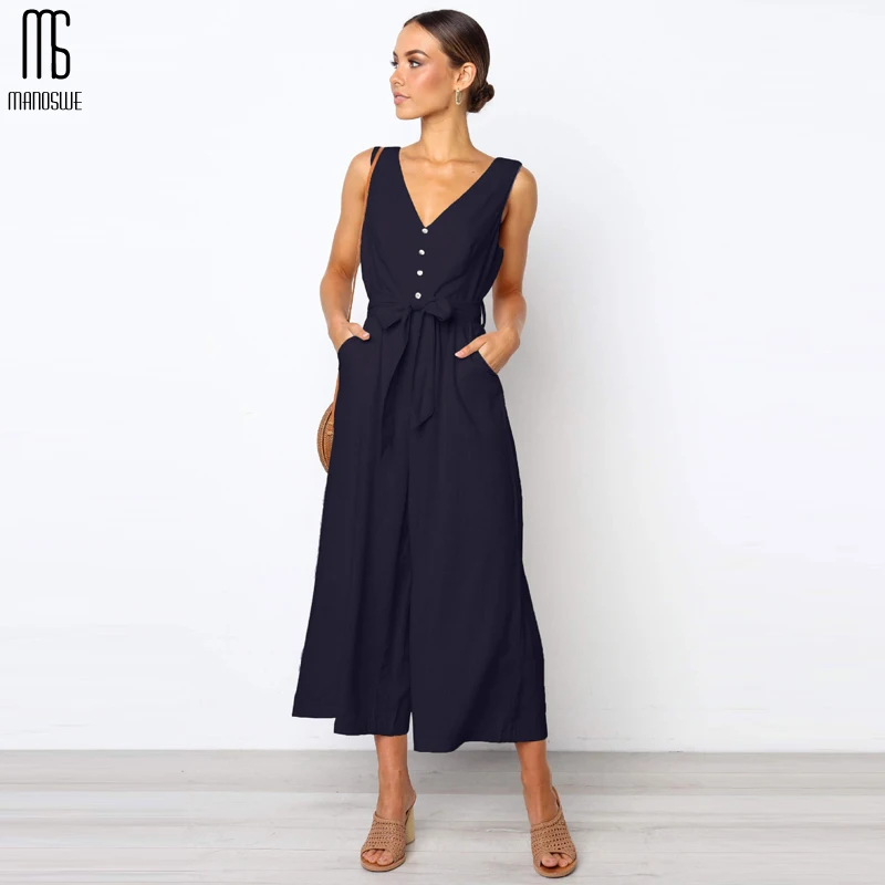 Tanie Manoswe damski guzik na co dzień V Neck czarny kombinezon Romper seksowne letnie ogrodniczki z wyciętymi plecami dla dziewczynek luźny długi kostium