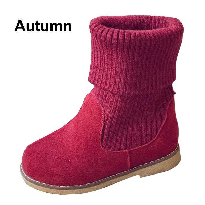 Складные ботинки для маленьких девочек; сезон осень-зима; детская обувь; теплые вязаные детские зимние ботинки; высокие детские ботинки принцессы - Цвет: Red Autumn