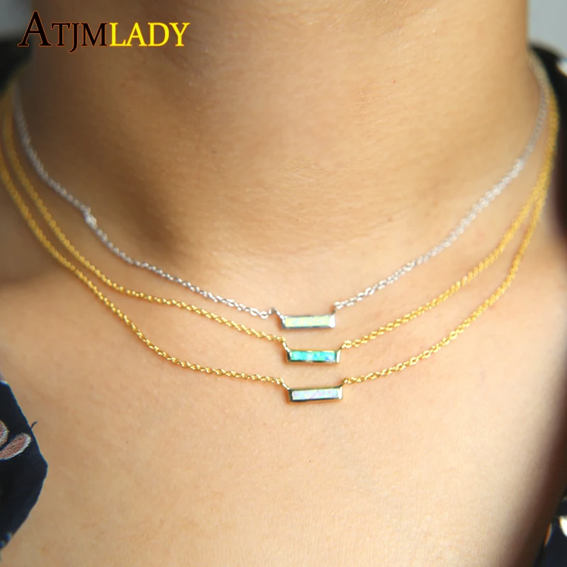 

2018 New 925 sterling silver opal bar white green stone Exquisite bar square Geometric opal Pendant Necklace for women jewelry