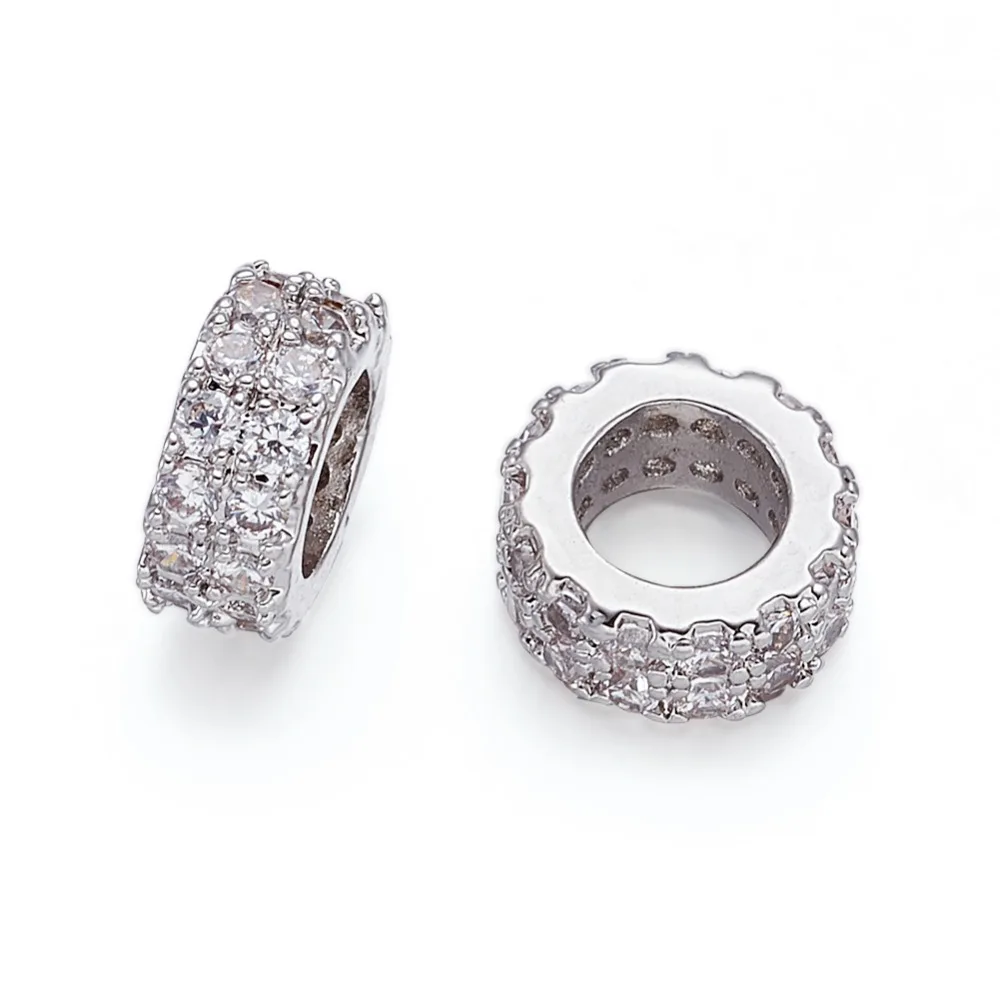 

7.5x3mm Brass Micro Pave Cubic Zirconia Stone Beads Jewelry Making DIY Flat Round Large Hole Bead Spacer Wholesale Beadwork