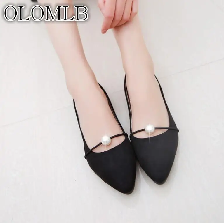 

OLOMLB spring and summer new pointed flat with pearl single shoes female wild flat shoes student shoes Peas shoes free shipping