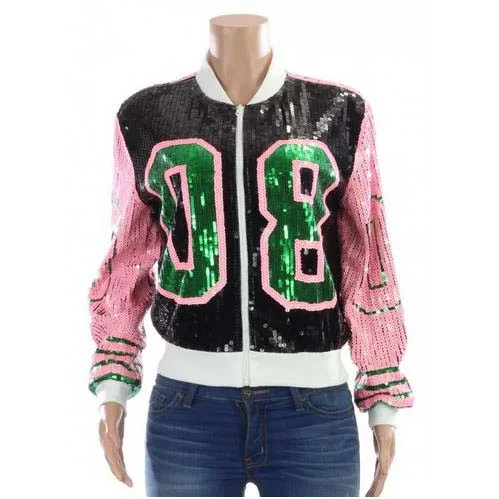 

Greek Fashion lady streetwear coat 08 sequins zip up long sleeve sporty bat sleeved Aka pink and green Sorority jackets