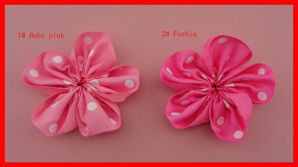 

5PCS 8.0cm 3.15" White polka dots Pink Fushia Grosgrain Ribbon Five-Flap Flower patches applique no pin,baby floral charms