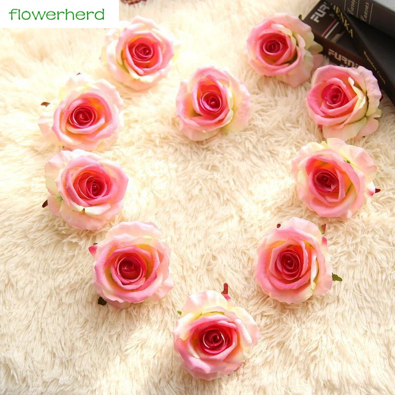 10cm Flannel Rose Heads Artificial Flowers High Quality DIY Wedding Decoration Garland Kissing Ball Flower Wall White Pink 10pcs