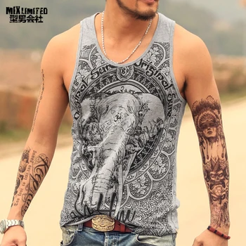 Grey Men Tank Top Casual Fitness Singlets Brand Mens Sleeveless Gasp Hip Hop Vest Elephant Print