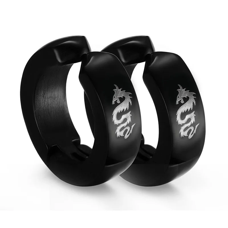 Black Dragon Men Hoop Earrings Anti Allergic Stainless Steel
