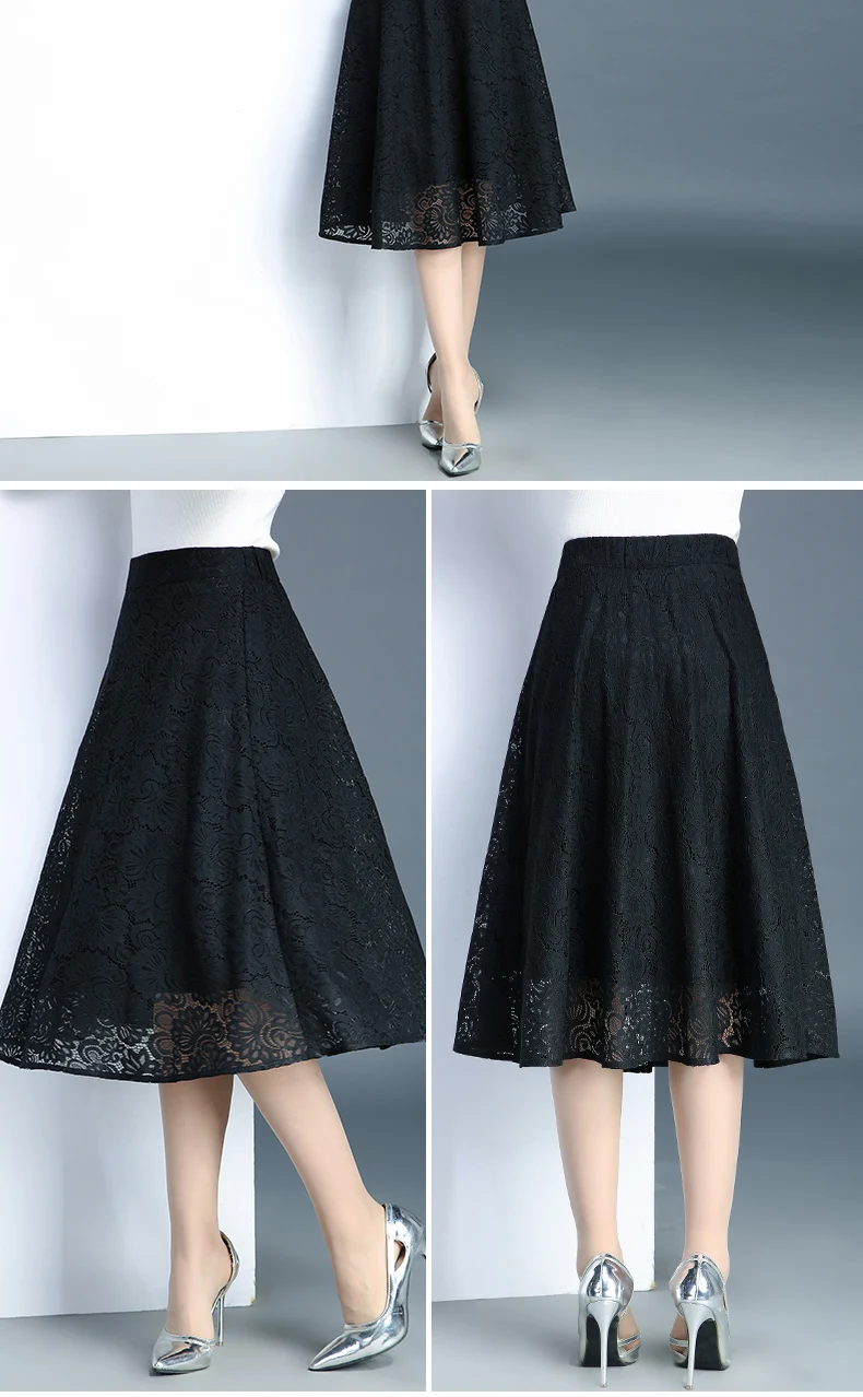 Весенне-летняя женская кружевная юбка, корейская мода, черная Лоскутная юбка с высокой талией, S-3XL размер, Женская плиссированная юбка-зонтик