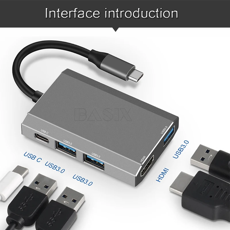 Basix Тип C концентратор Usb C к HDMI 4 K/USB3.0 PD адаптер USB-C конвертер для MacBook, huawei MateBook type C usb 3,0 концентратор