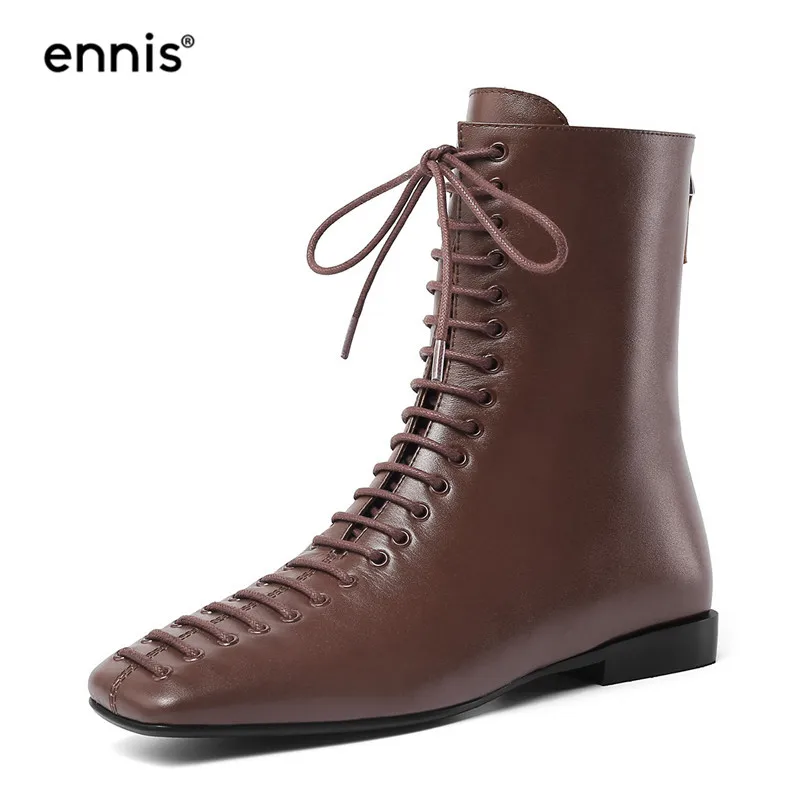 Brown ENNIS/; женские ботинки на плоской подошве; ботильоны из натуральной кожи; женские ботинки на шнуровке; модная Осенняя обувь на молнии; цвет черный, коричневый; Новинка; A931 - Цвет: Brown