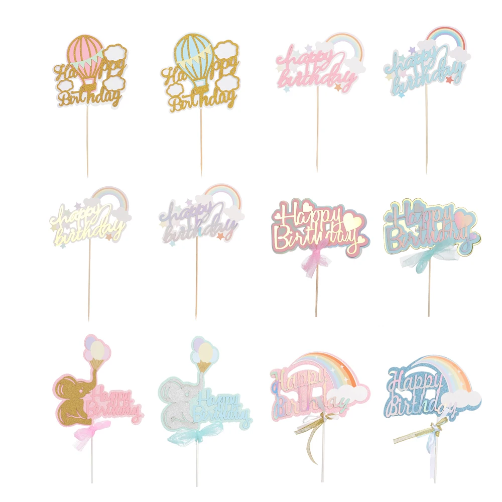 

Paper & Bamboo Air Balloon Rainbow Cake Toppers Happy Birthday Cake Top Flags Glitter Cake Decorations Birthday Wedding Supplies