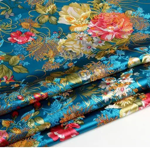 70cm*100cm Silk brocade cloth clothing costume dress fabric sky blue bottom gold peony | Дом и сад