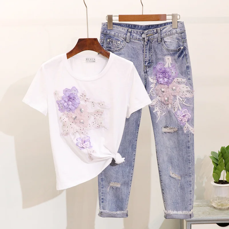 2019 летняя хлопковая футболка с короткими рукавами и вышитыми бусинами и цветочным принтом + рваные джинсы с 7 точками комплект из двух