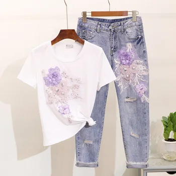 

2019 Summer Beads Embroidery Stereo Flower Short Sleeve Cotton T-Shirt + Broken Hole Seven Points Jeans Two Piece Sets Female