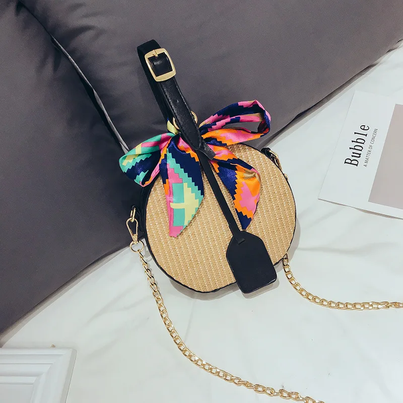 

Brand Designer New Fashion Women Shoulder Bags Straw bag fashion round portable beach bag Chain scarf decoration Handbags