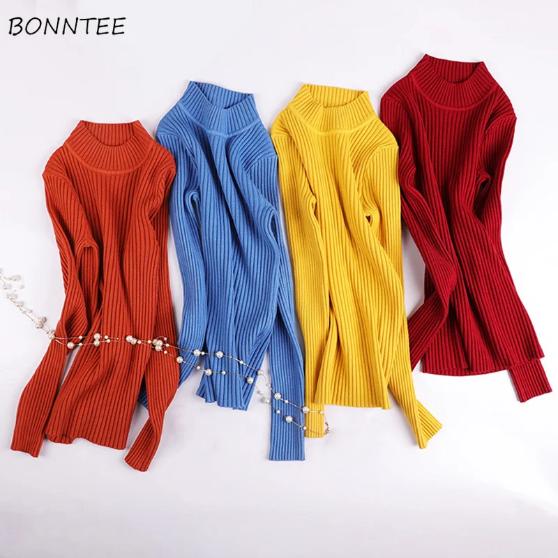 

Pullovers Women 2019 Knitted High Elasticity Solid Long Sleeve Warm Womens Sweaters Slim Turtleneck Korean Style Ladies Sweater