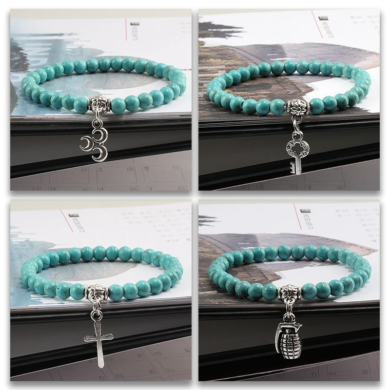 

New Fashion 6mm Natural Stone Blue Beads Bracelet&Bangle Angel Cross Key Owl Pendant Bracelets Men Women Wristband Jewelry Gift