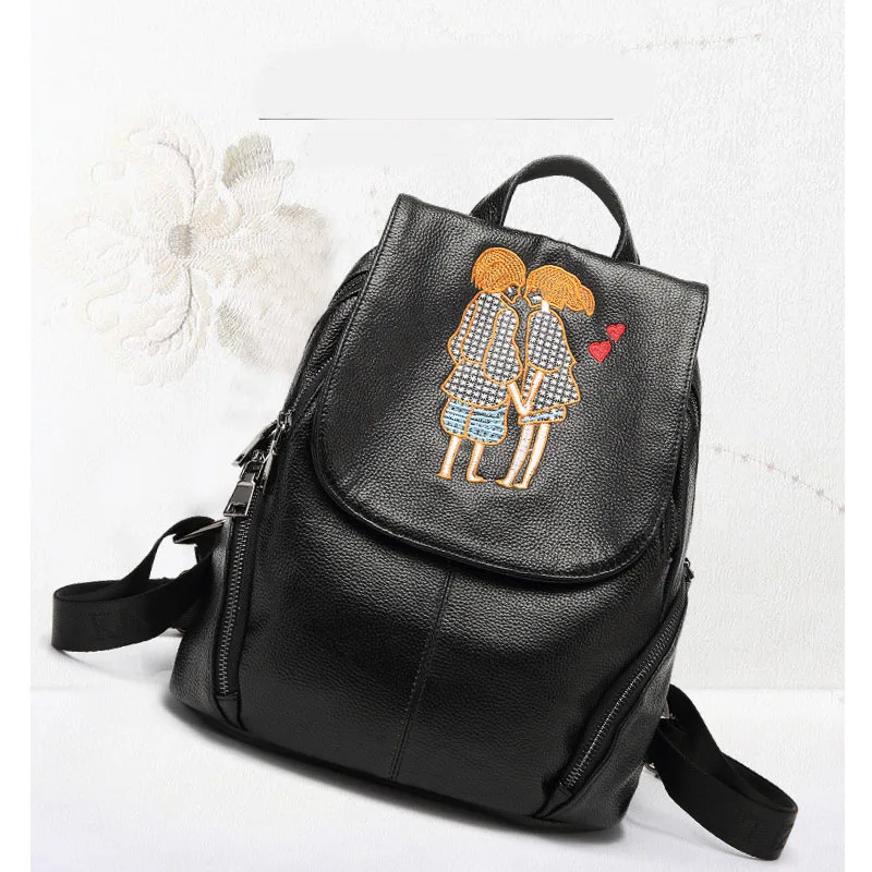 

KYYSLO Genuine Leather Embroidery trend couple backpack Fashion wild shoulder bag women backpack large capacity women backpack