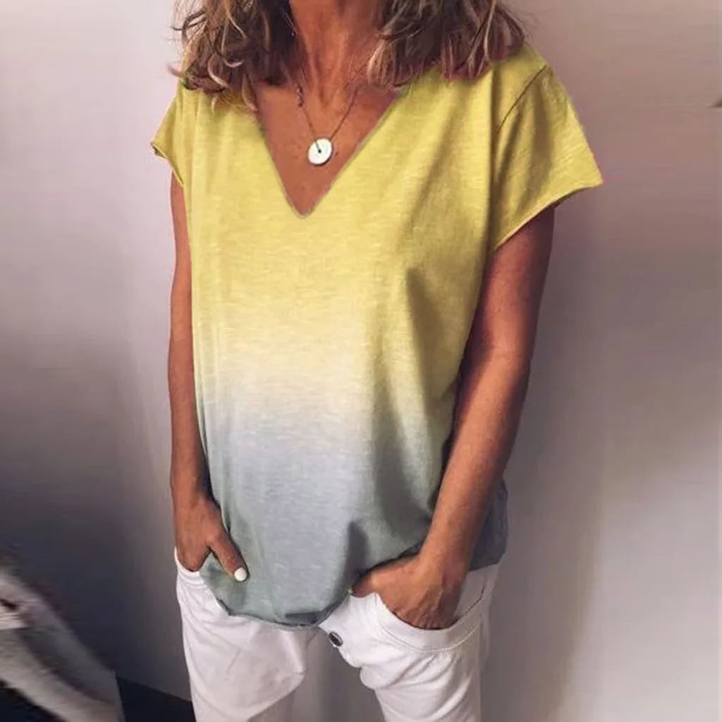 

Women's Casual T-shirt V Neck Gradient Color Short Sleeved TShirt Tunic Summe Tops Streetwear camisetas verano mujer 2019