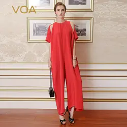 VOA тяжелый шелк Широкие Брюки Большие размеры комбинезоны винтажные красные повседневные свободные простые однотонные сексуальные без
