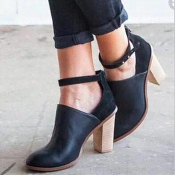 

EOEODOIT Women Pumps High Square Block Heel Leather Shoes Spring Autumn Ankle Buckle Deep Mouth Heels Boots Shoes Plus Size 43