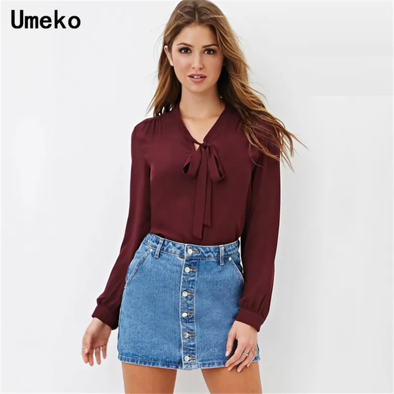 

Umeko Chiffon Solid Color Bow Blouse Female V-neck Long Sleeve Burgundy Shirt for Women Office Lady Fitting Slim Blouses Mujer