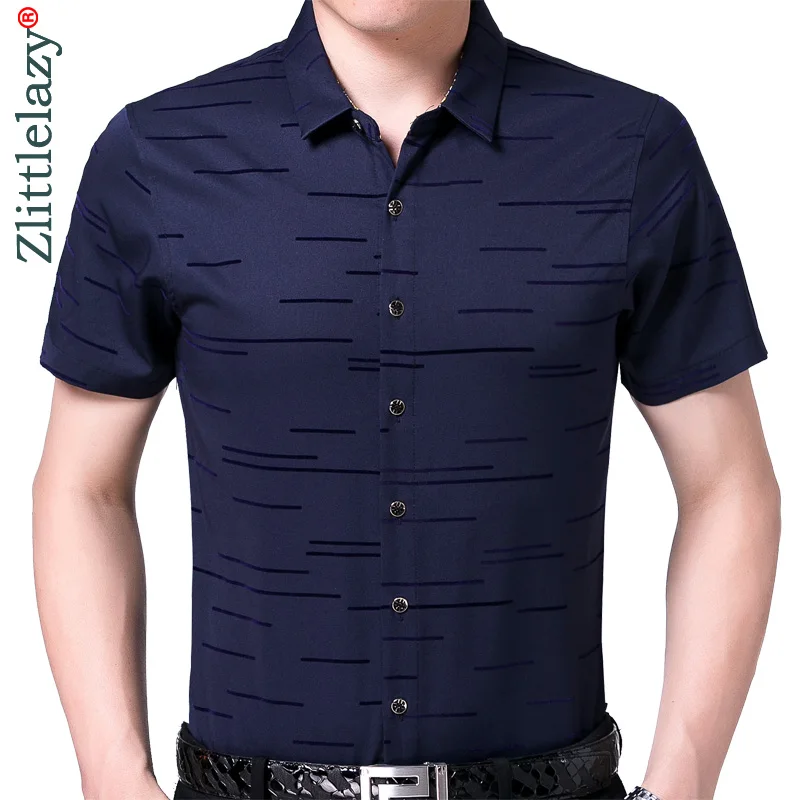 Kopen 2019 nieuwe zomer korte mouw mannen shirt gestreepte jurk casual slim fit sociale kleding luxe shirts mens fashion hoge kwaliteit 6006