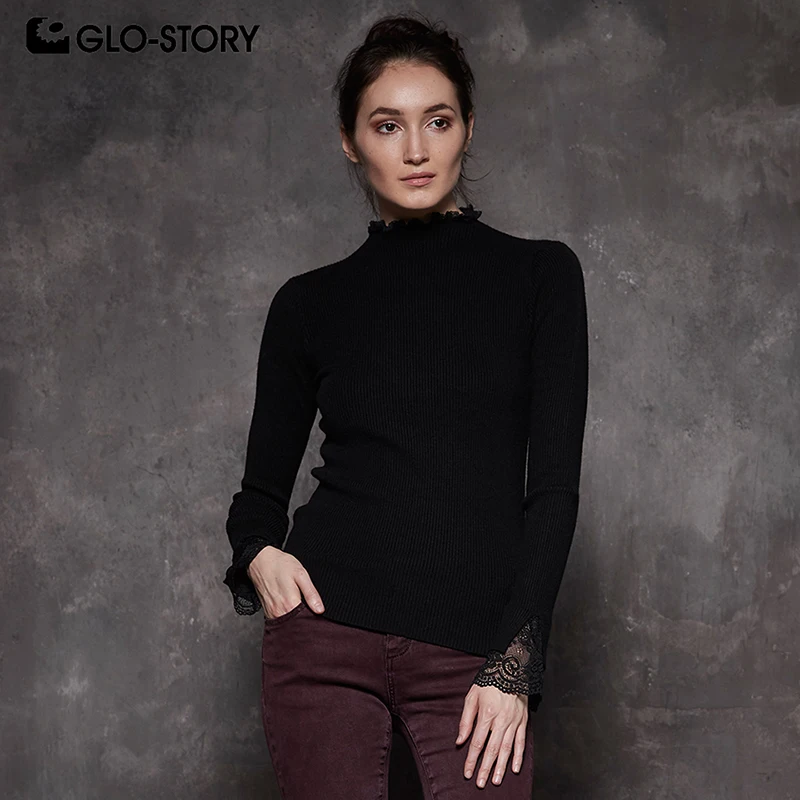 

GLO-STORY 2018 Winter Women Basic Solid Turtleneck Pullover Sweaters Lace Collar Cuff Ladies Tops Female Tunic WMY-7650