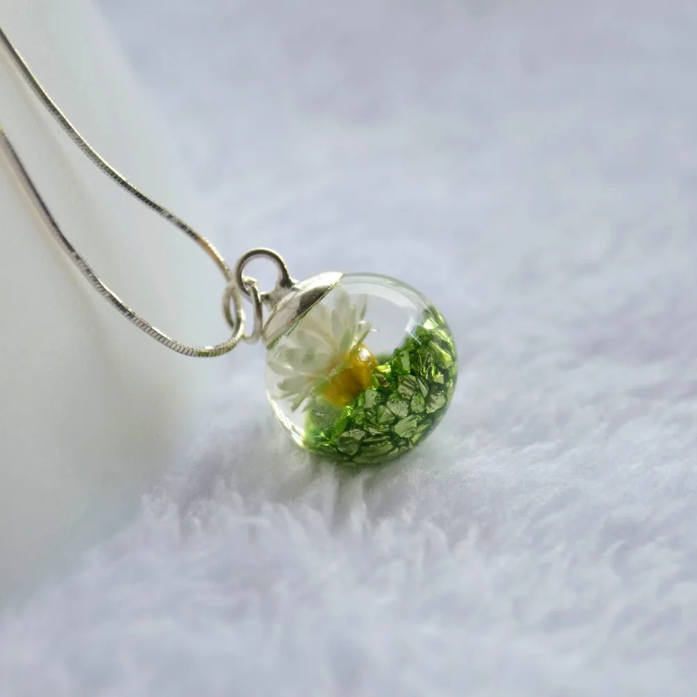 

Daisy Real Flower Green Treasure Island Mineral Pendant 925 Sterling Silver Snake Chain Necklace Women Choker Boho Jewelry