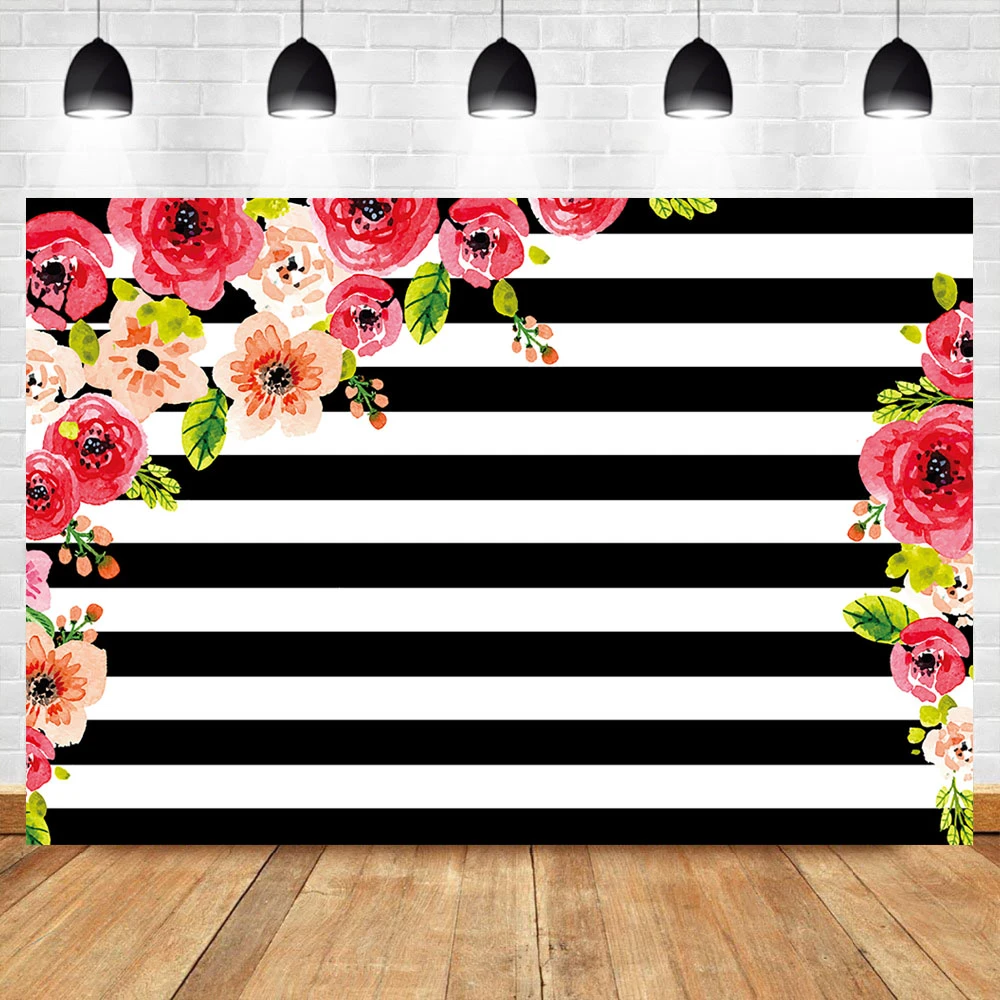 6.5x6.5ft Retro Flowers Bird Painting Edge Grunge Faded White and Black Striped Polyester Photography Background Artistic Personal Portrait Backdrop Birthday Party Banner Wallpaper Studio Props
