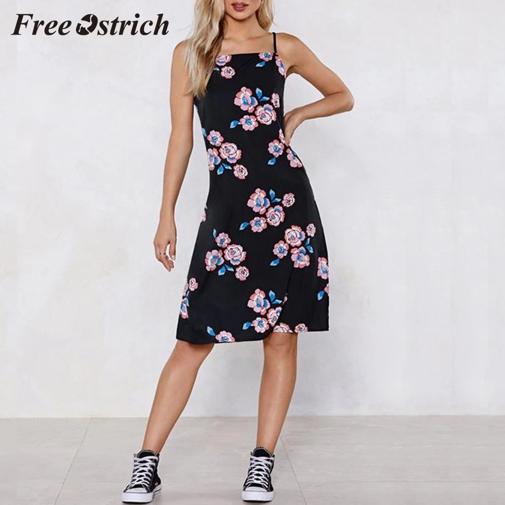 

Free Ostrich 2019 Summer Chic Stylish Women Fashion Plus Size Floral Print O-neck Sleeveless Off Shoulder Fork Soft Dress